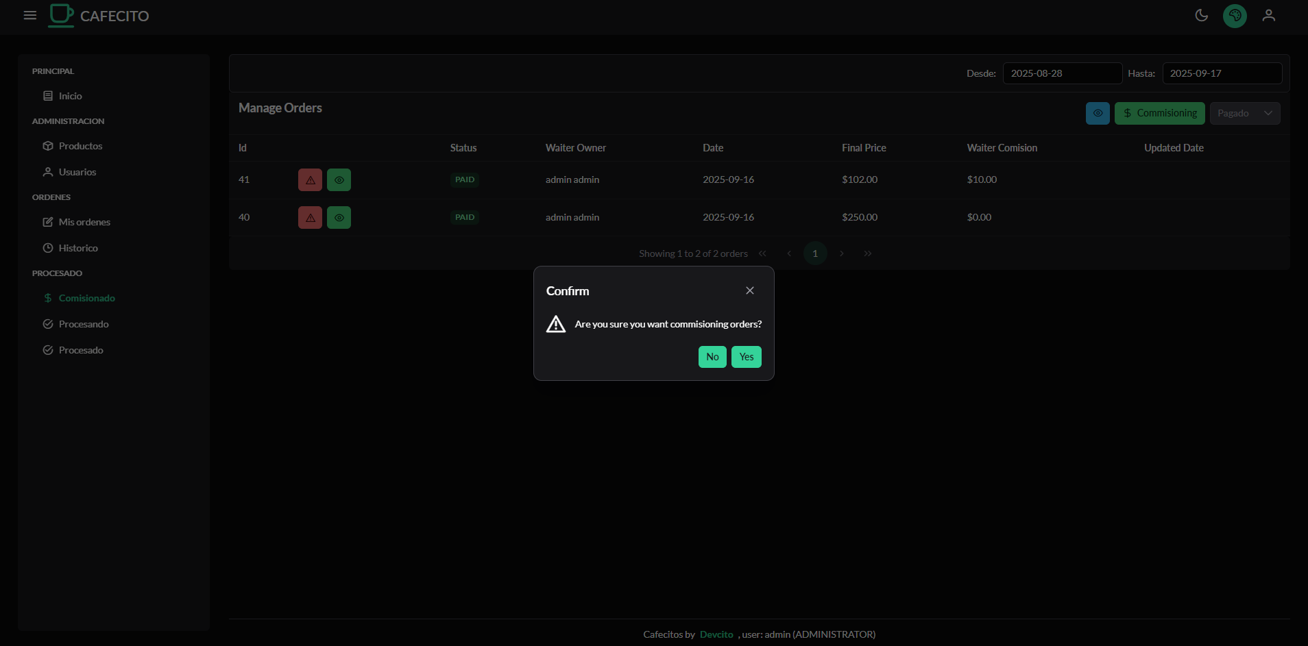 Web admin Cafes